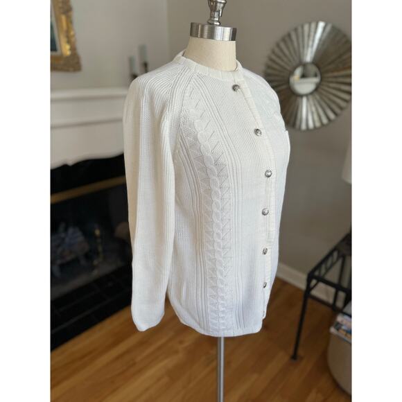 Vintage 70s off-white cable knit cardigan with silver buttons, size M - Picture 4 of 6